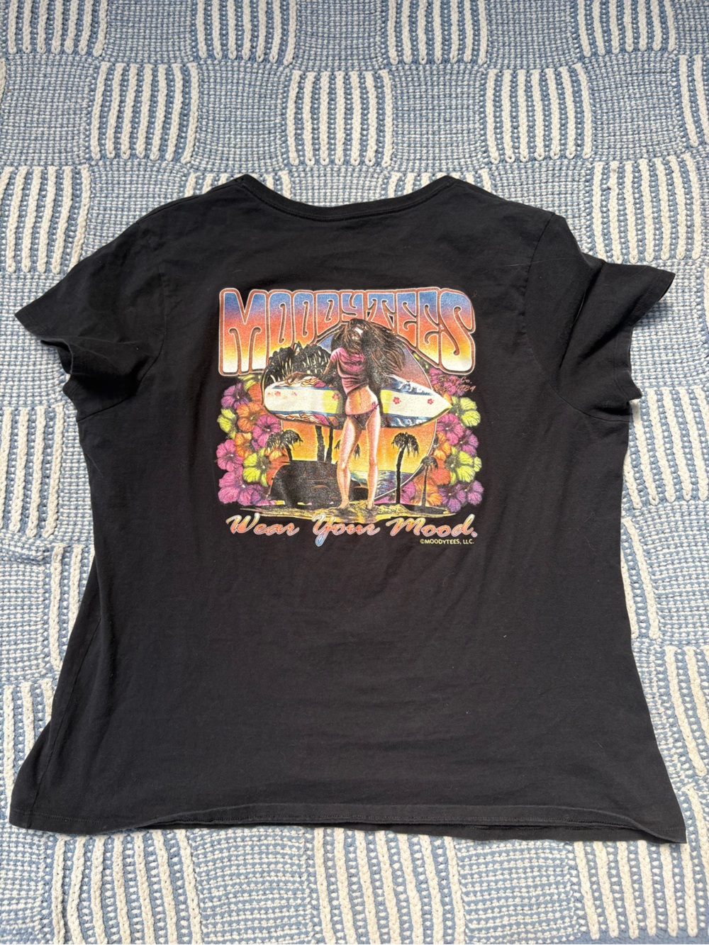 moodie Black Tee with Surf Girl Graphic and Tropical Florals